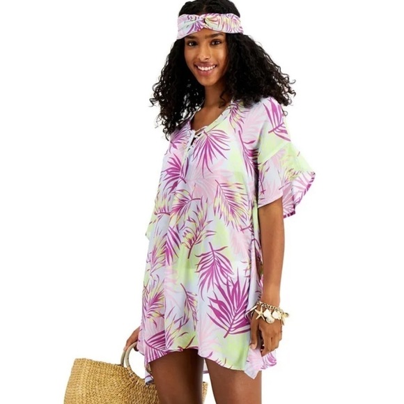 Miken PURPLE MULTI Lace-Up Caftan Cover-Up with Headband, US X-Small - Picture 2 of 5